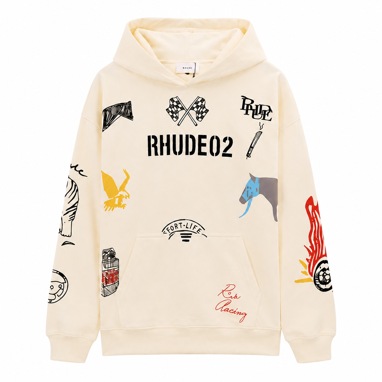 RHUDE02 Doodle Racing Cream Oversized Hoodie