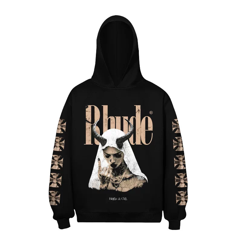 RHUDE Horned Figure Front Print Sleeve Graphic Black Hoodie