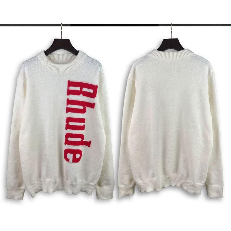 Rhude Vertical Red Logo Cream Knit Sweater