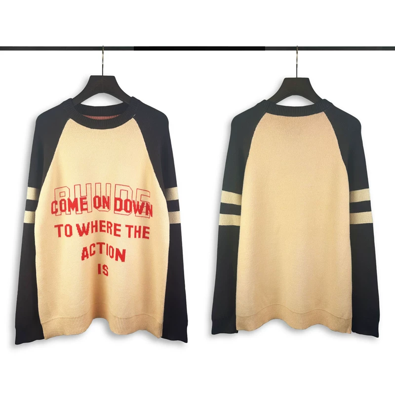 Rhude Come On Down Beige Black Raglan Knit Sweater