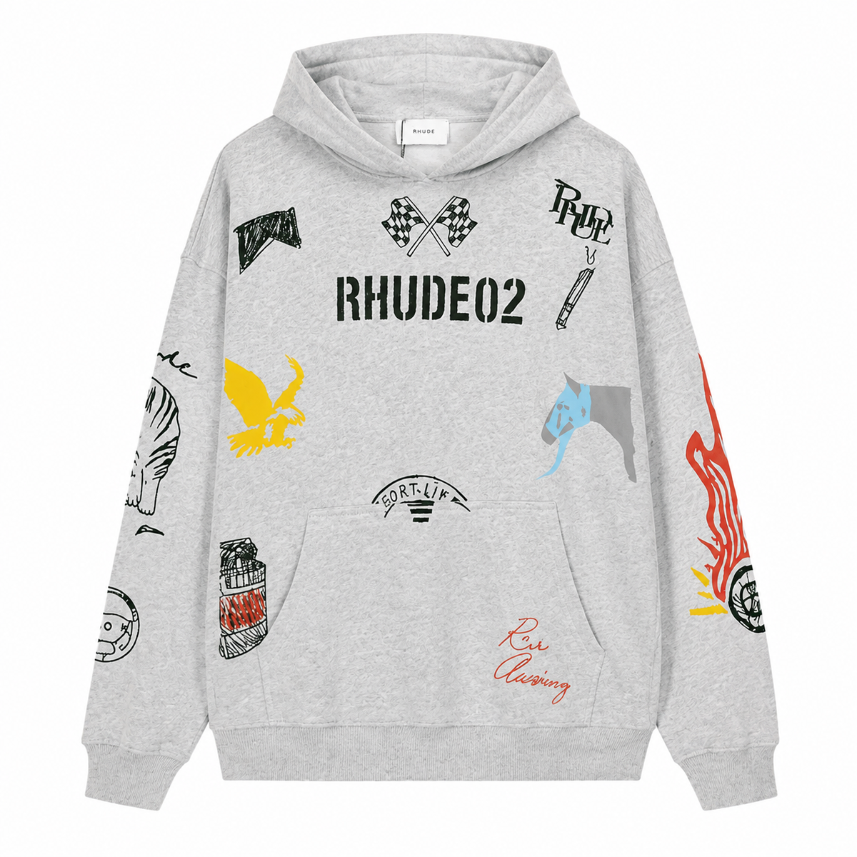 RHUDE02 Doodle Multi‑Graphic Grey Hoodie