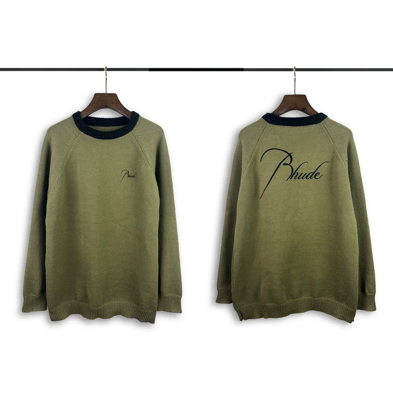 Rhude Olive Green Raglan Script Knit Sweater