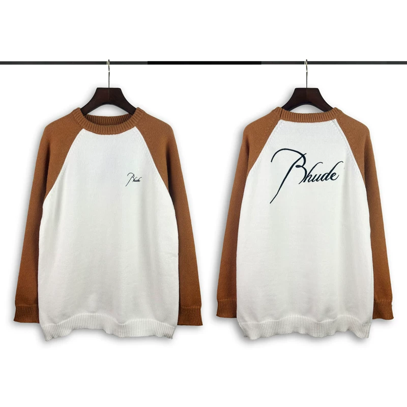Rhude Script Logo Brown White Raglan Knit Sweater
