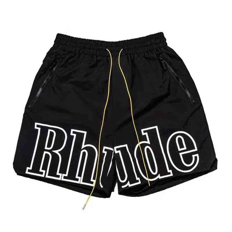 Rhude Big Outline Logo Black Nylon Casual Shorts Unisex Streetwear