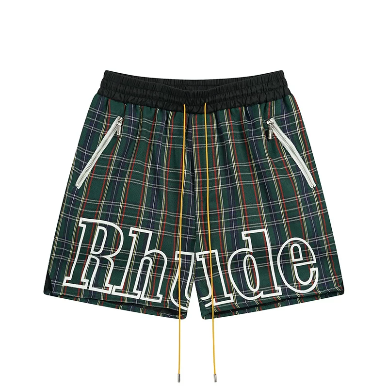 Rhude Hot Green Plaid Big Logo Zip Shorts