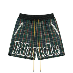 Rhude Hot Green Plaid Big Logo Zip Shorts