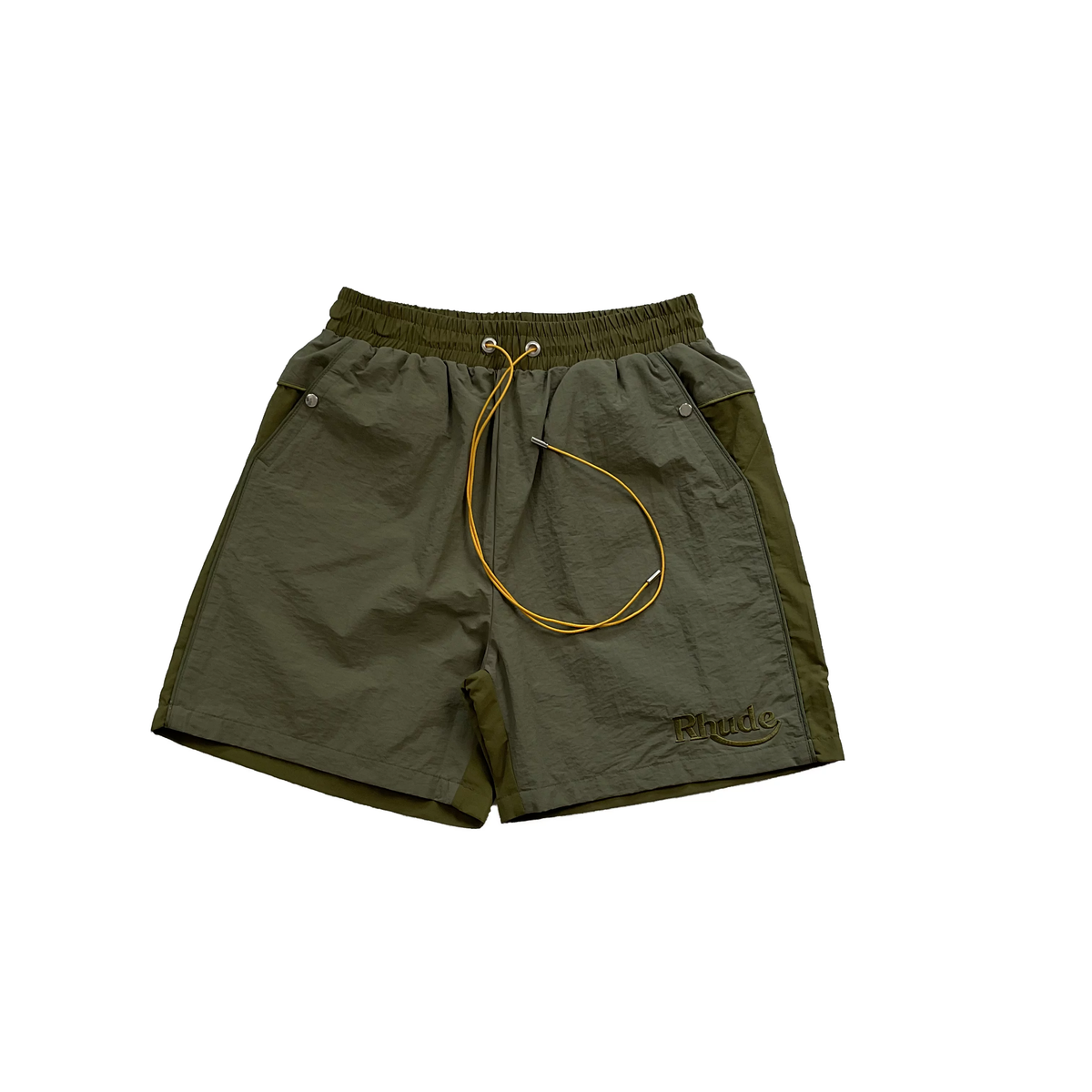 Rhude Hot Olive Two‑Tone Embroidered Shorts