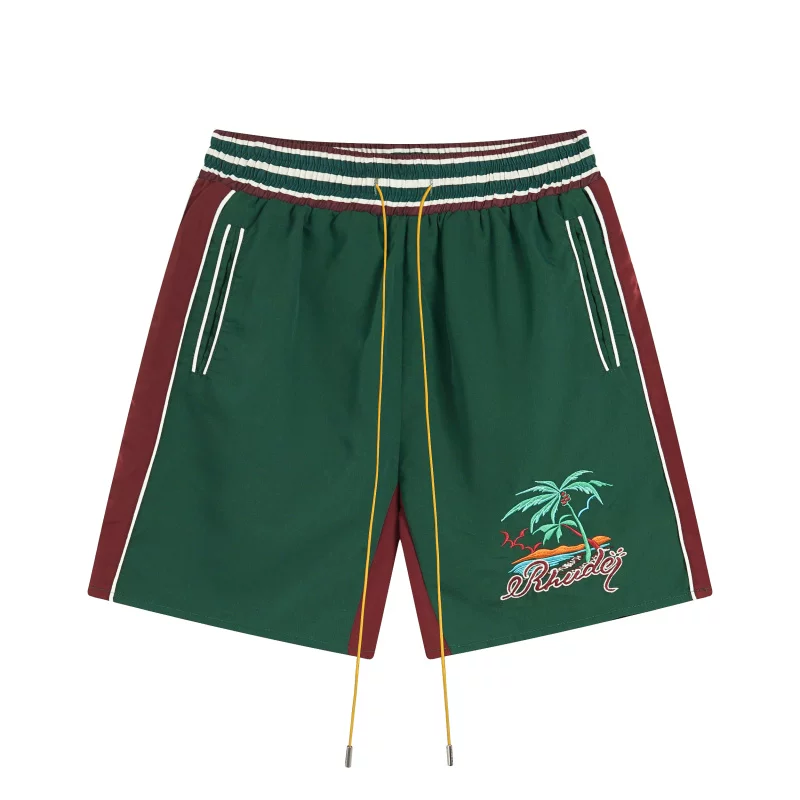 Rhude Hot Palm Embroidered Green Burgundy Shorts
